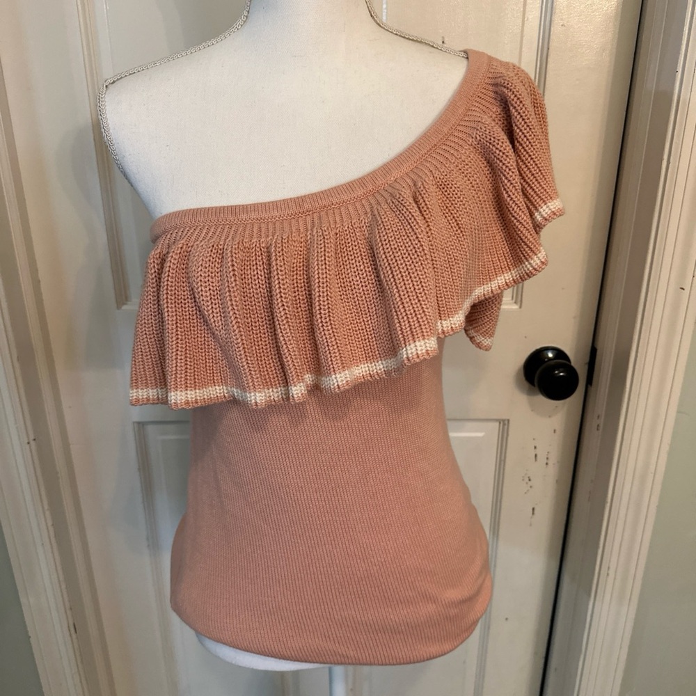 TULAROSA Sweater Women's Size Small Pink Pointelle Knit Ruffle Trim 1 Sleeve